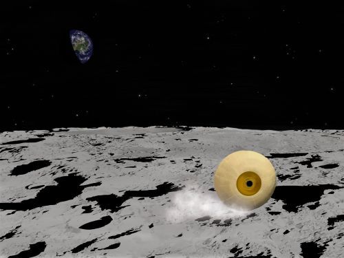 An illustration of RoboBall exploring the moon's surface with Earth in the background.