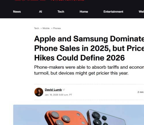 苹果三星称霸2025手机市场 明年涨价成定局