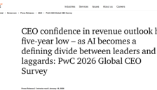 普华永道调查显示多数CEO未看到AI带来的收益 仅三成对收入前景有信心 