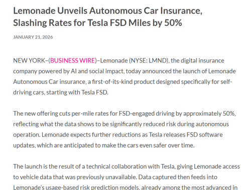 美国保险公司推出自动驾驶车辆保险 特斯拉FSD用户保费减半