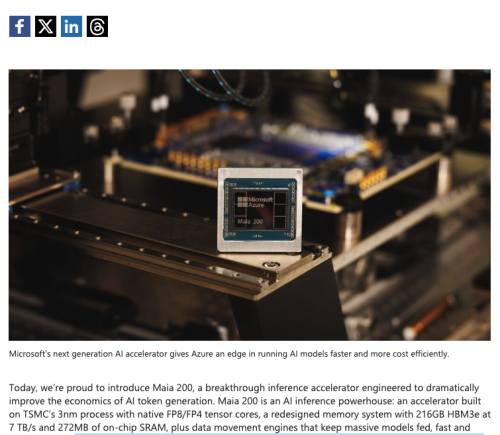 微软发布新一代AI加速器Maia 200 挑战亚马逊与谷歌TPU