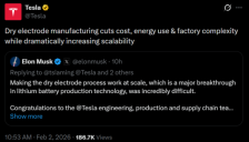 马斯克宣布干电极工艺量产 特斯拉固态电池技术再升级 