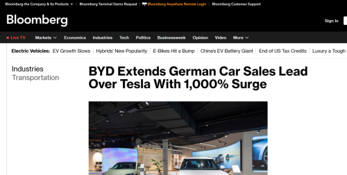 比亚迪1月德国销量暴涨10倍 超越特斯拉两倍