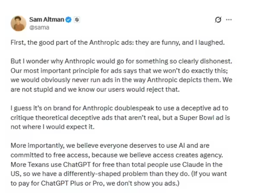 OpenAI 奥特曼否认 Anthropic 超级碗广告中的不实信息