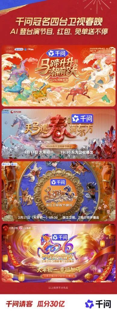 2026春晚AI企业大比拼 阿里30亿投资 腾讯推出红包计划 千问冠名四大卫视