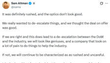 阿尔特曼回应与五角大楼合作：仓促且观感不佳 但为推动AI行业发展 