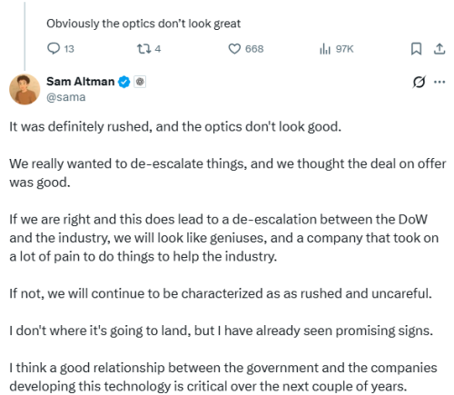 阿尔特曼回应与五角大楼合作：仓促且观感不佳 但为推动AI行业发展