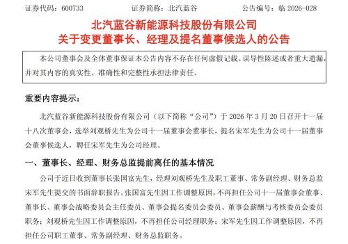 上任仅一年北京汽车换帅 80后董事长王昊离任 张国富拟接任以提升运营效率
