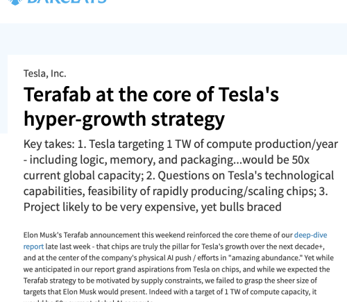 巴克莱解析特斯拉Terafab：1太瓦算力目标的技术挑战