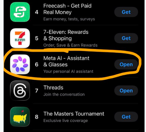 Meta AI 应用升至 App Store 下载榜第五名，Muse Spark 带动下载热潮